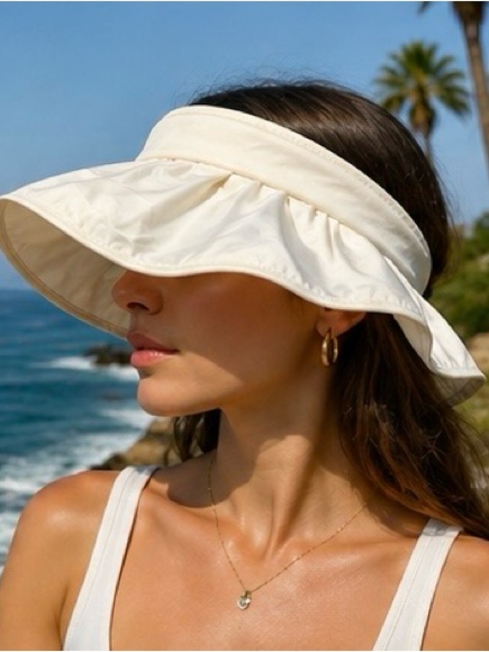 Ivory Wide Brim Sun Visor Hat Adjustable Lightweight Summer